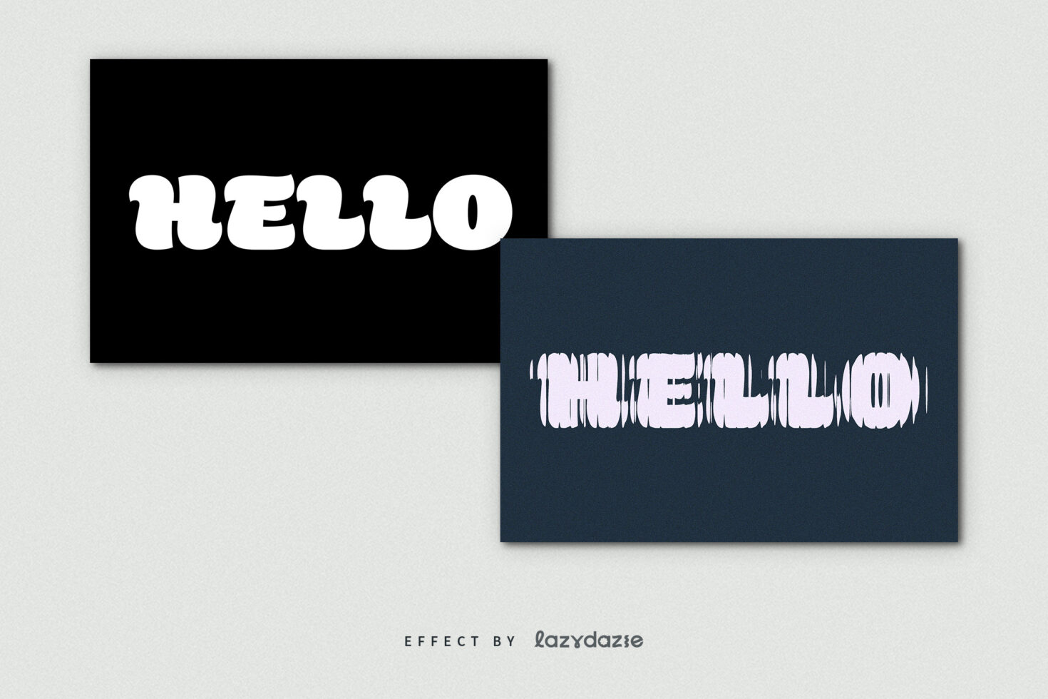 Two overlapping cards with hello text in different styles, one clean white one distorted
