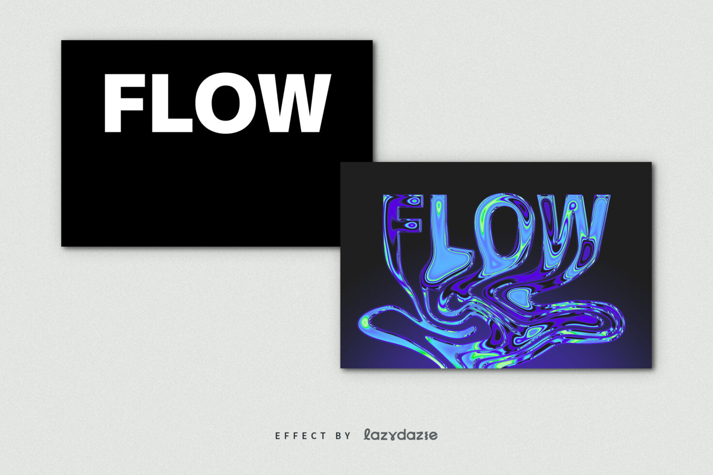 Flow plain white text overlaid with liquid holographic swirl mockup beneath