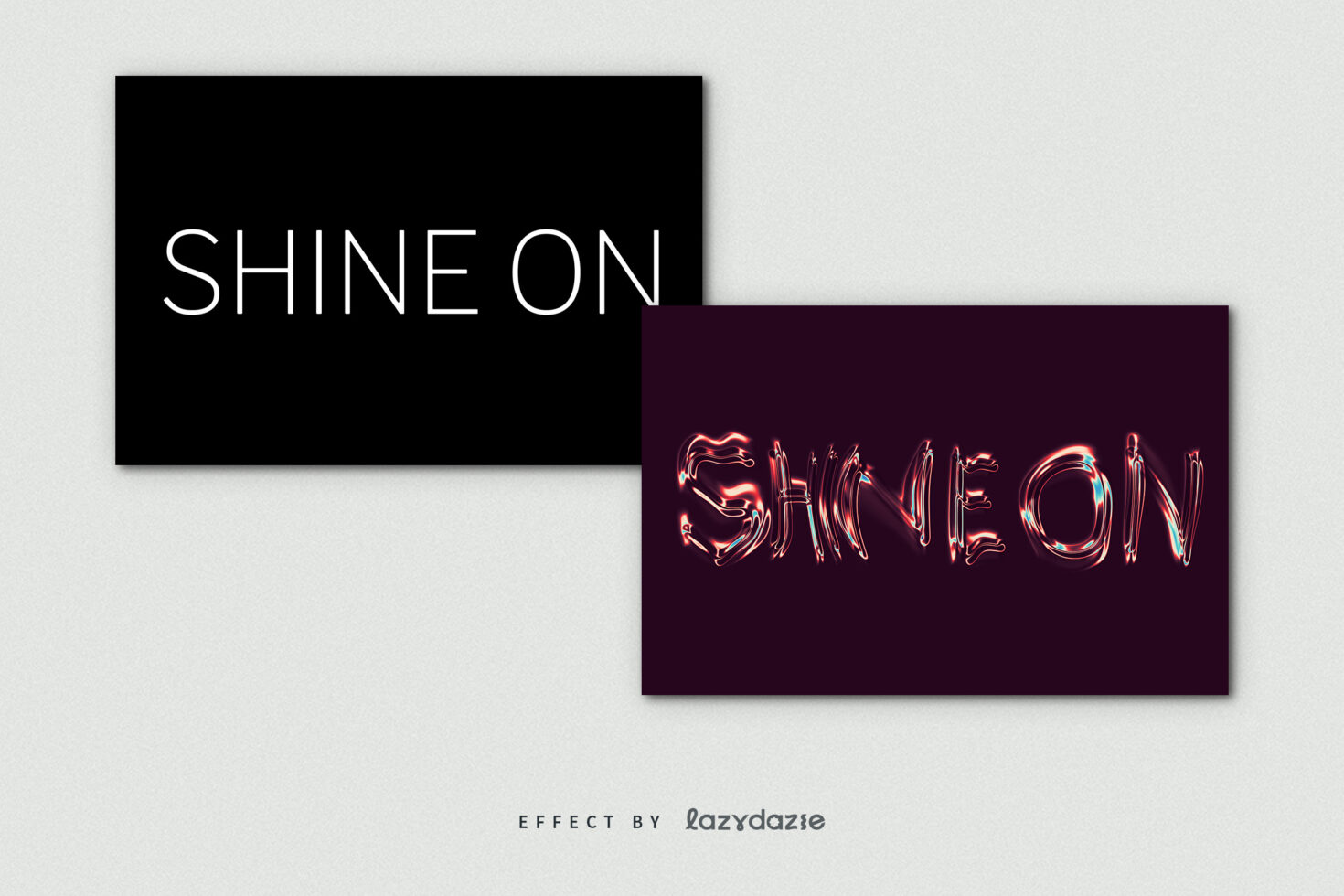Two overlapping boxes with SHINE ON in white, SHIMEOW in chrome neon
