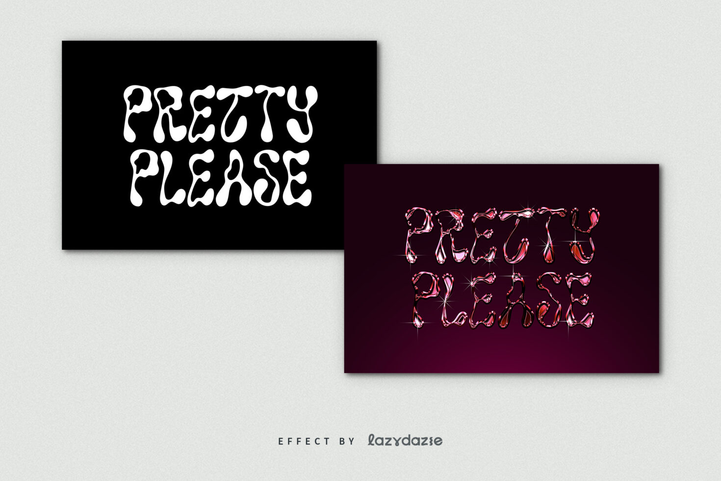 Two card mockup showing PRETTY PLEASE in wavy font, white on black plus holographic version