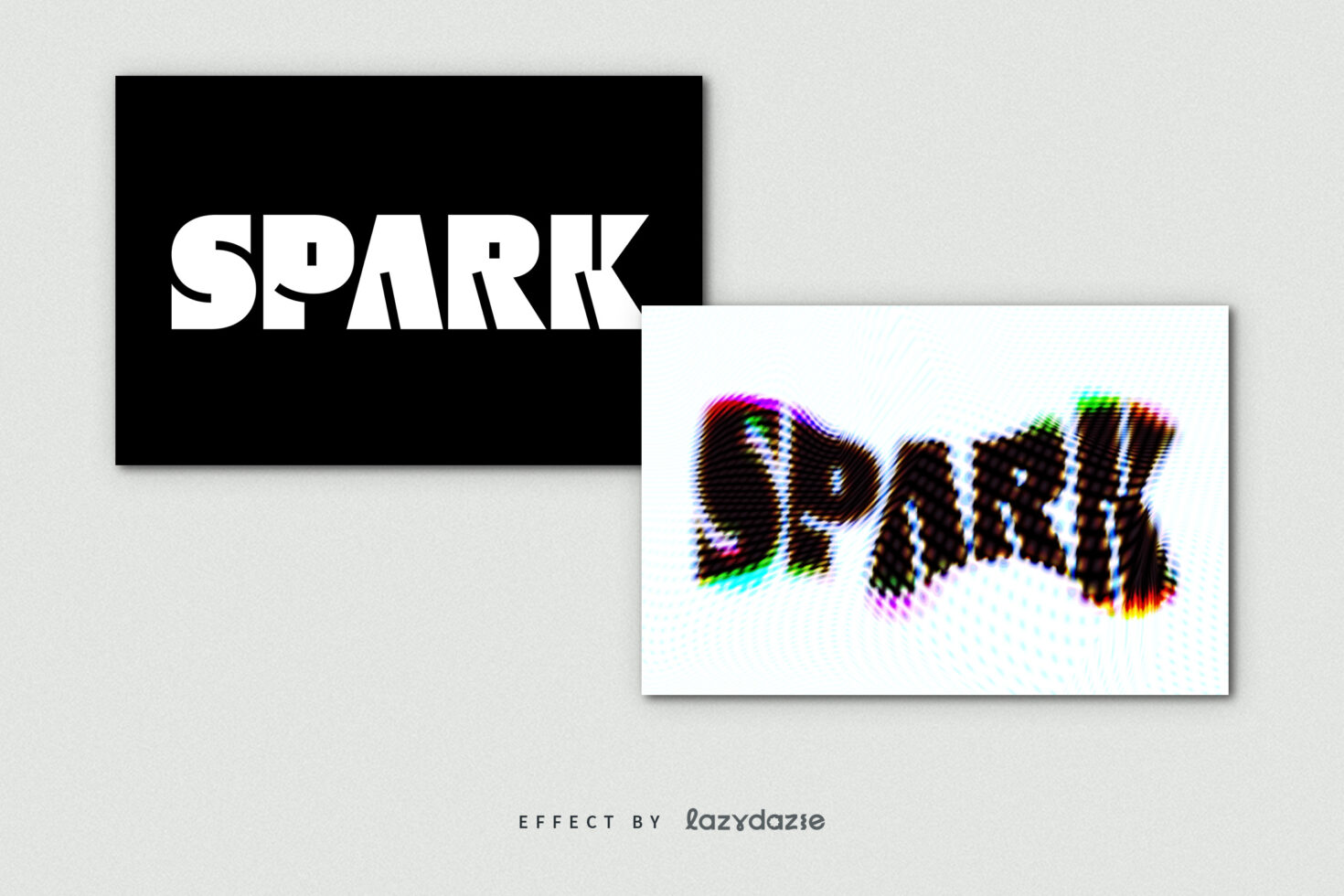 Spark text in white on black box, rainbow glitch version on white card