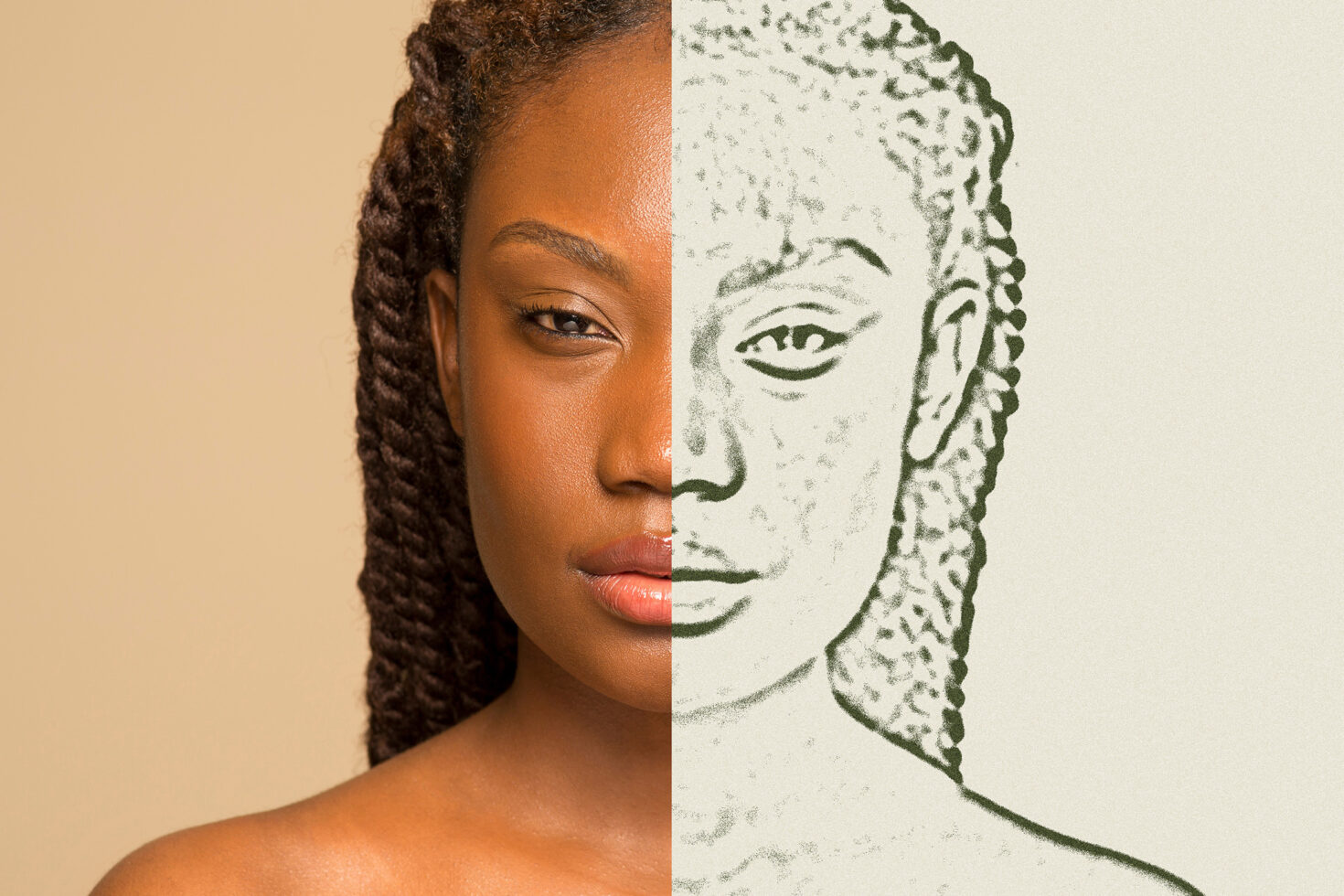 Woman's face split photo side against green stippled line drawing