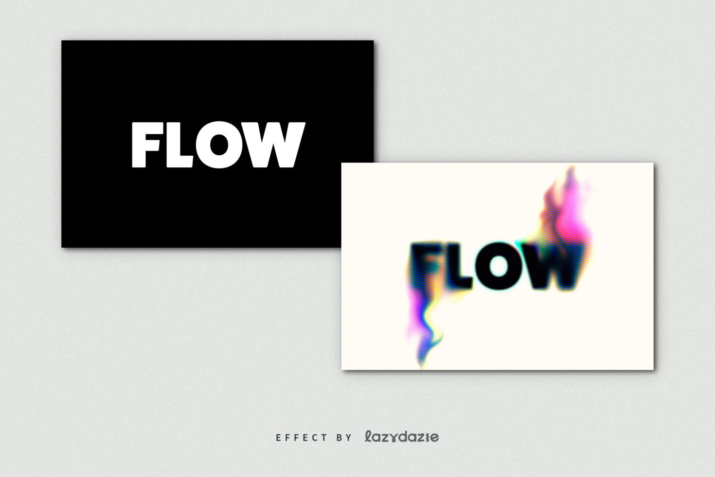 FLOW text on black with white on light, colorful glitch distortion mockup