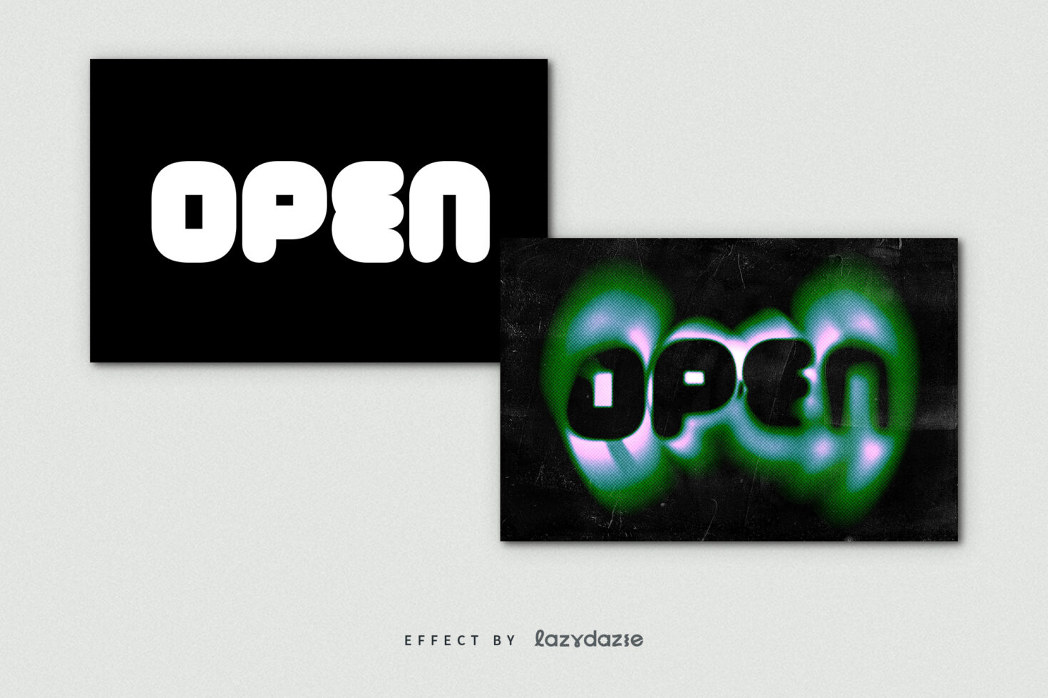Open text effect with clean white type on black, glitchy green neon version below
