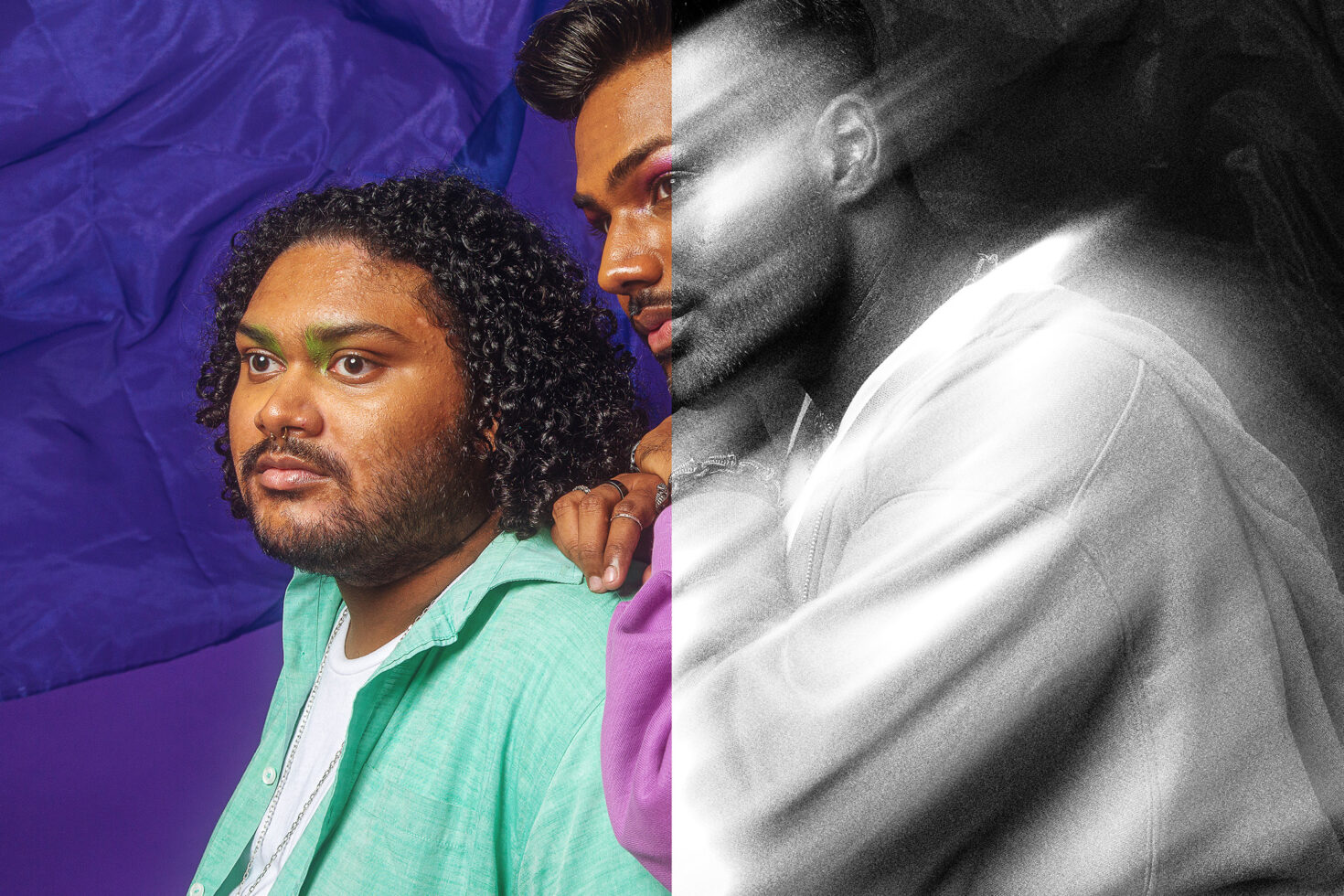 Two men posed against purple background with selective color gradient effect