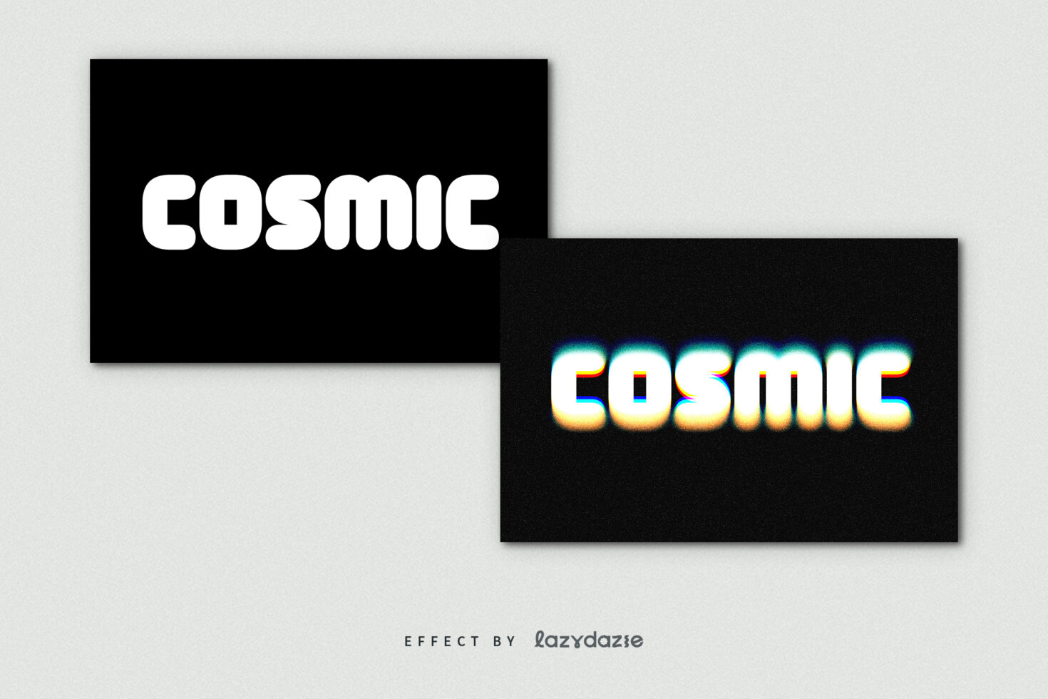 COSMIC word shown twice, plain white then with rainbow glitch effect