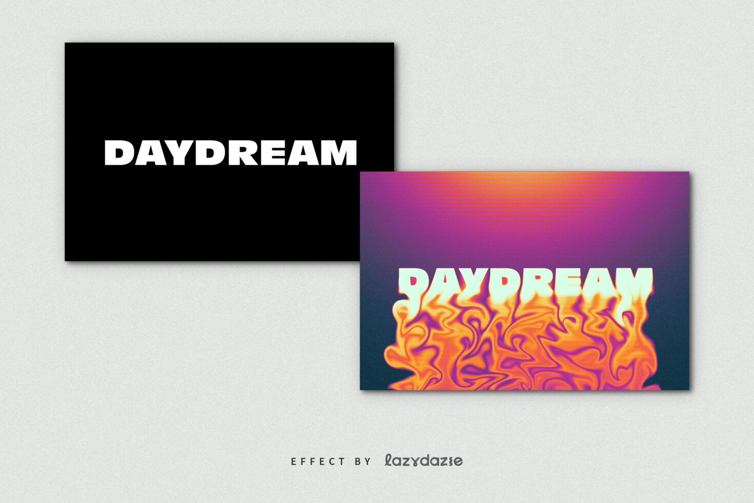 DAYDREAM mockup with solid black text left, psychedelic scanline effect right
