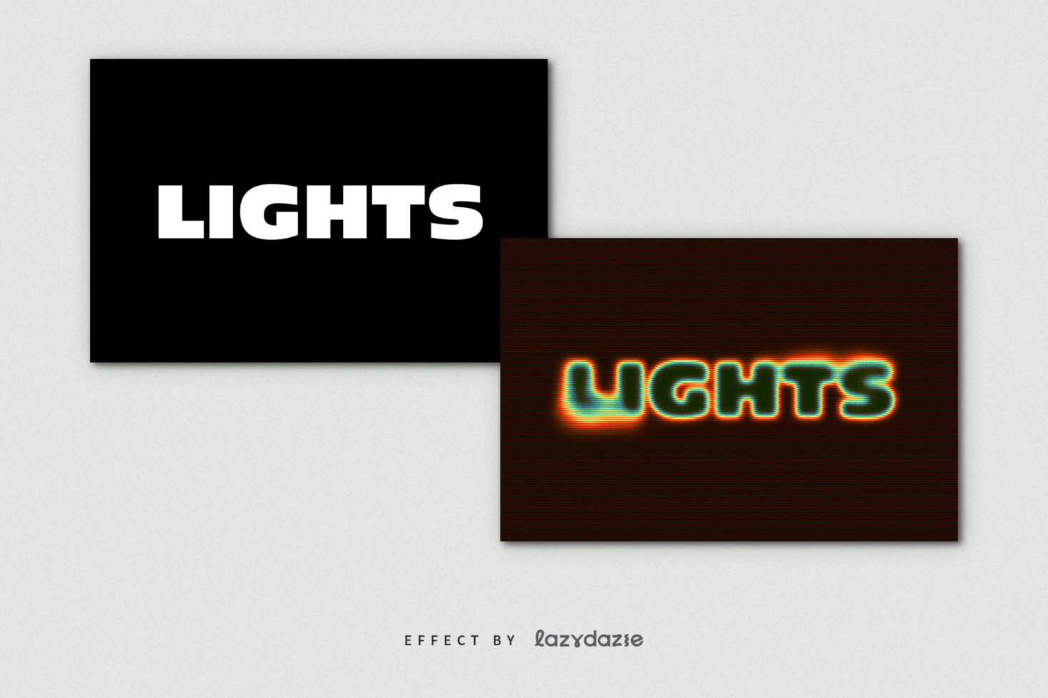 LIGHTS mockup displaying black solid type left, neon glow version right