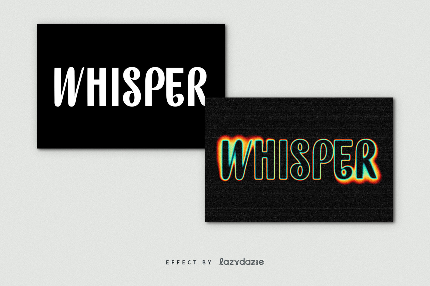 WHISPER mockup showing solid black version left, neon glow version right
