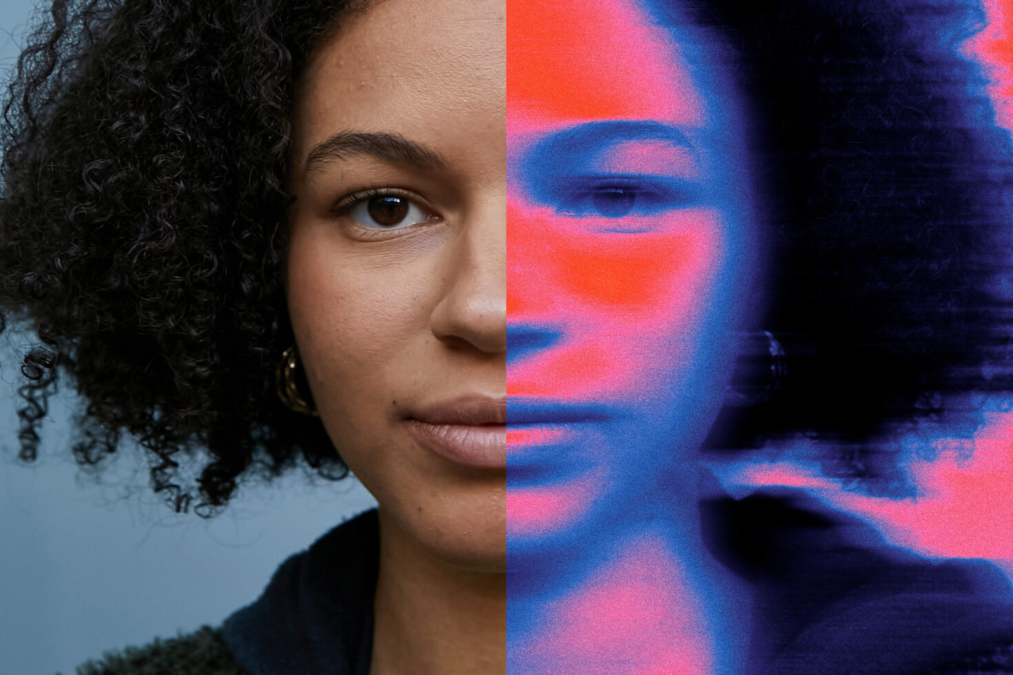 Side profile split between natural skin tone plus thermal neon overlay