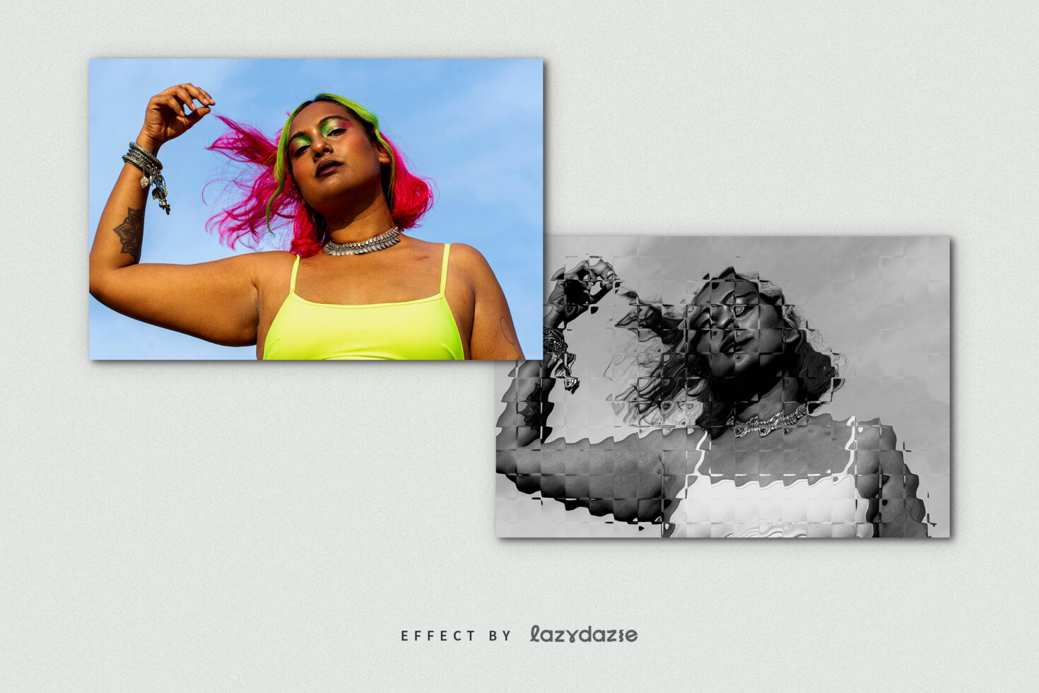 Split screen portrait of person with neon pink hair next to glitch effect