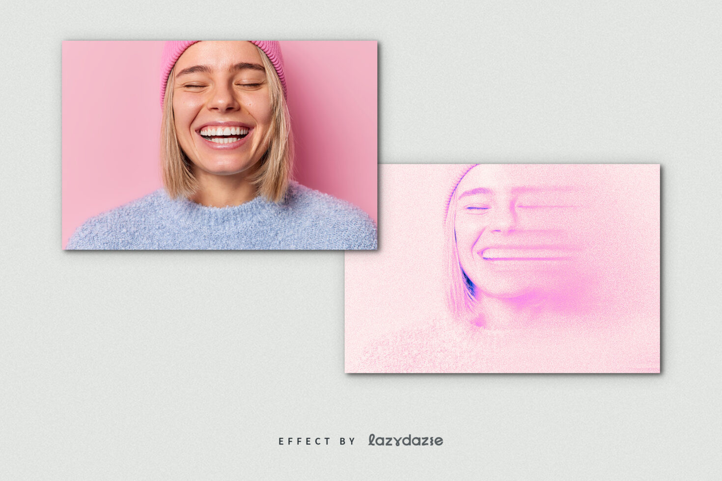 Split screen showing original portrait then thermal gradient effect version