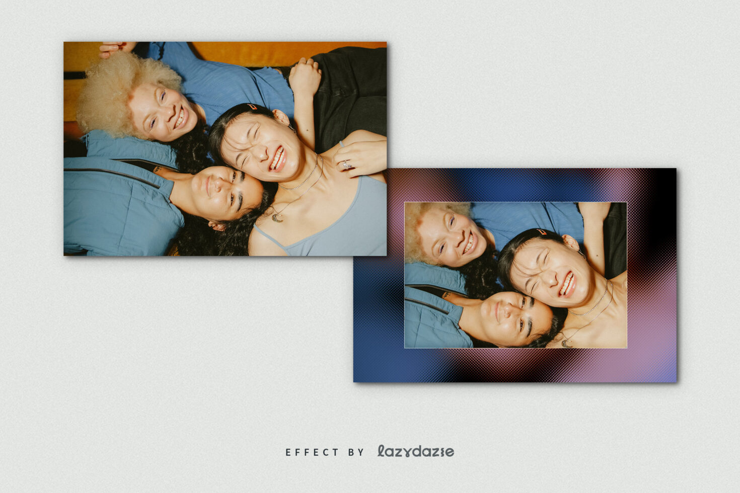 Two overlapping photo frames of three smiling people, gradient border with blue to purple
