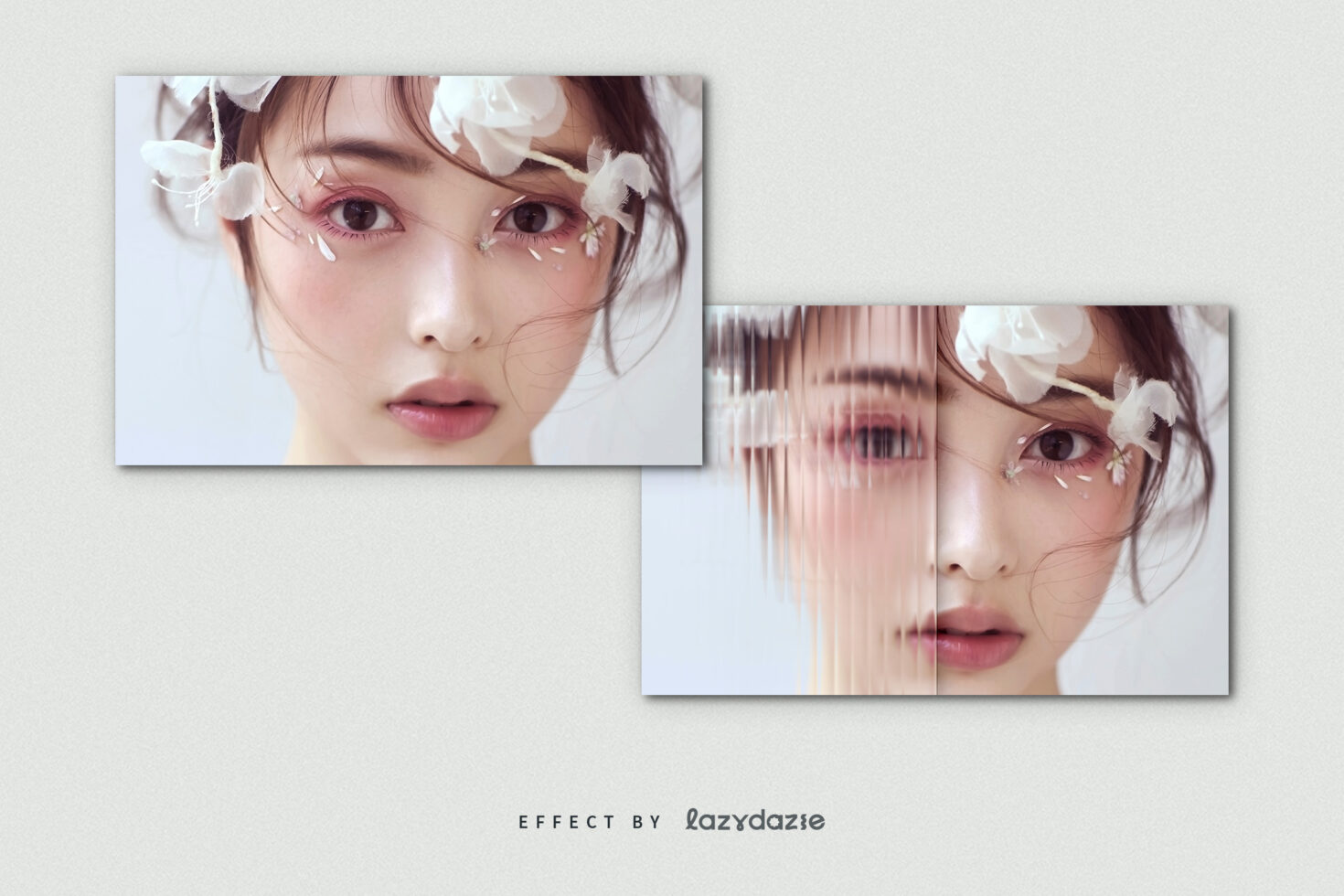 Soft portrait with vertical line effect creating dreamy distorted aesthetic