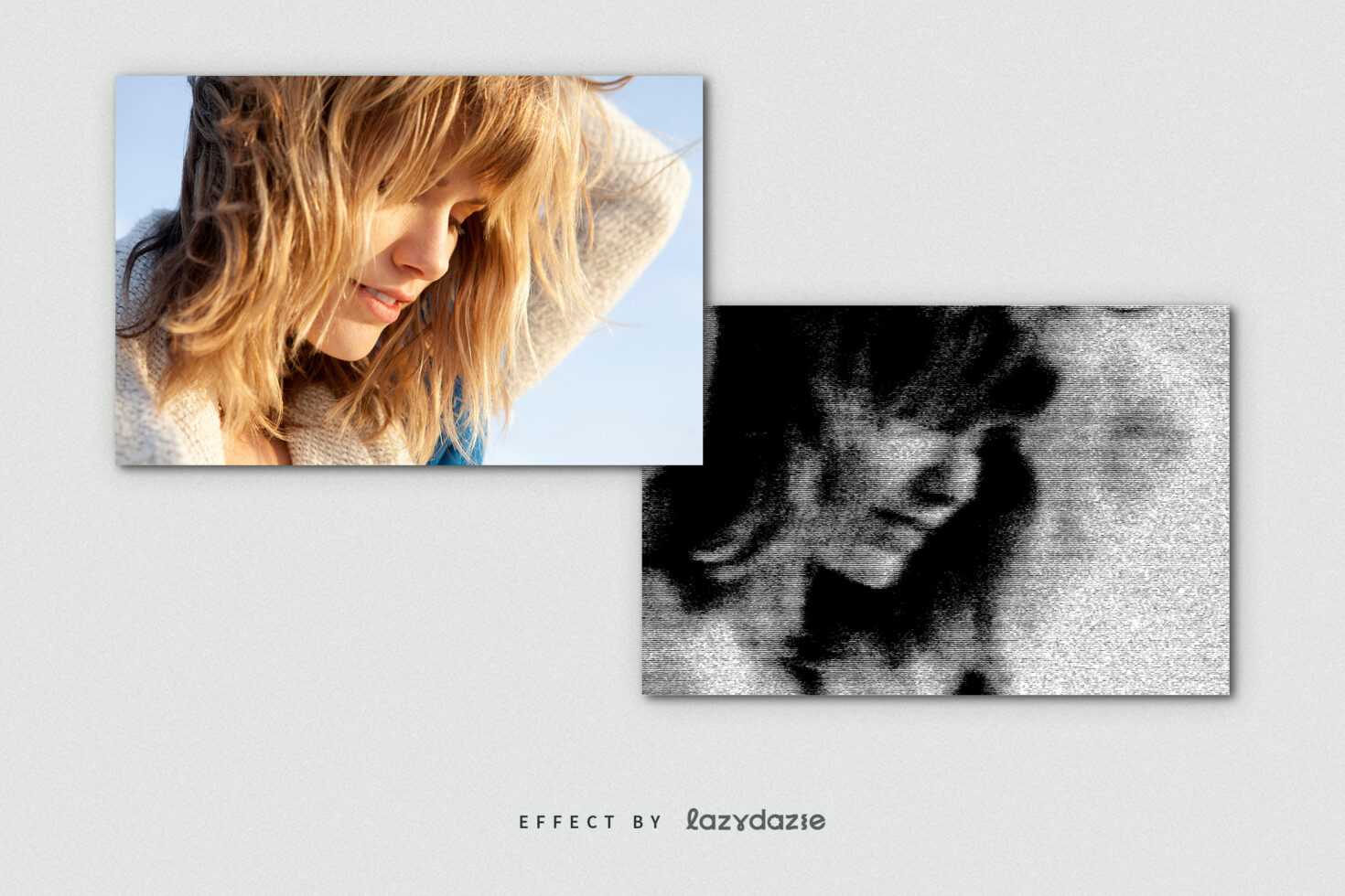 Split layout showing sunny portrait left with black scanline texture right