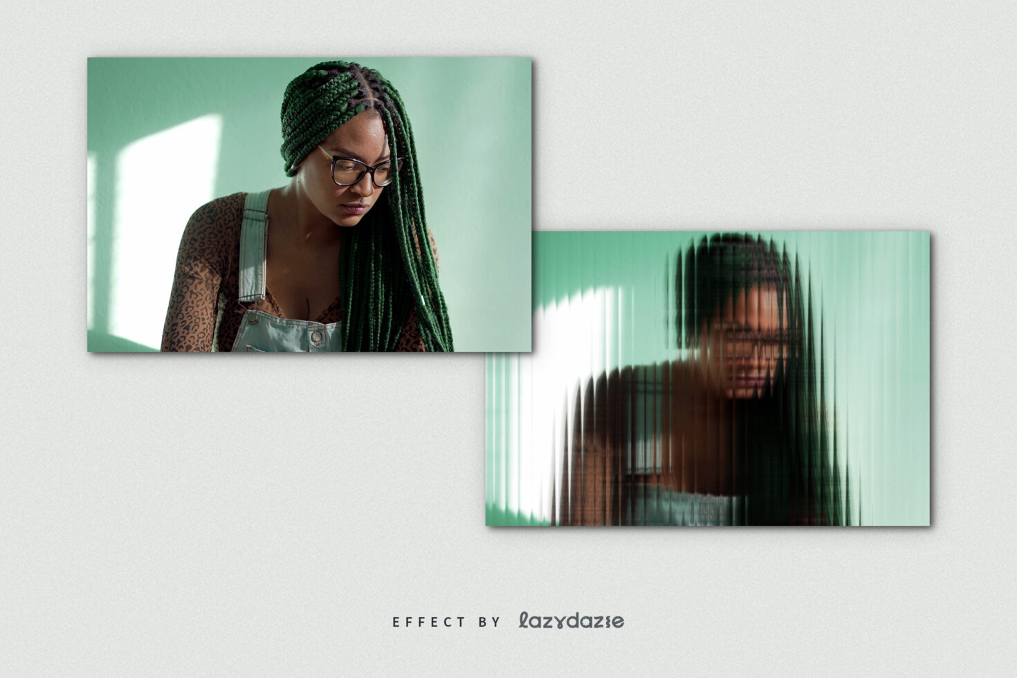 Two portraits with mint green tint, one sharp one blurred with vertical scanlines