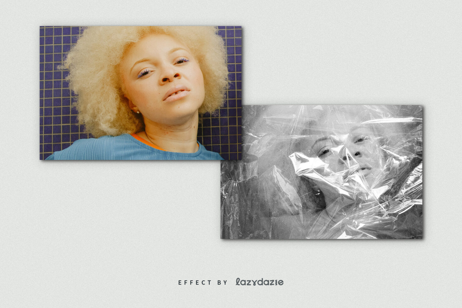 Two portraits showing woman with afro hair, one colorful grid one black plastic wrap