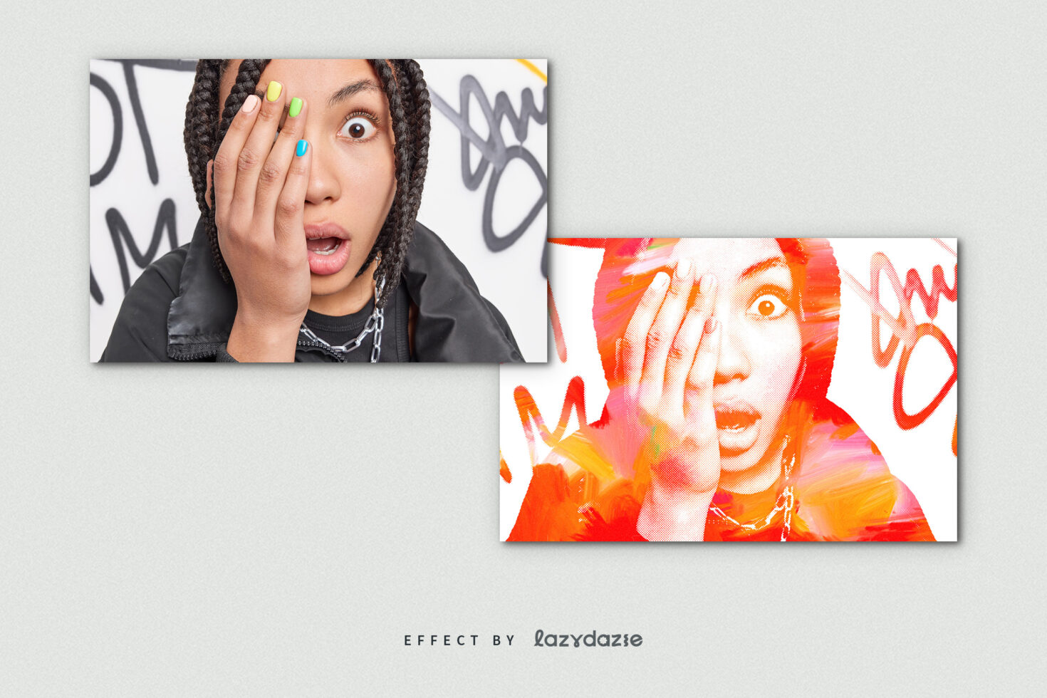Split screen of surprised girl, normal photo plus neon red yellow version