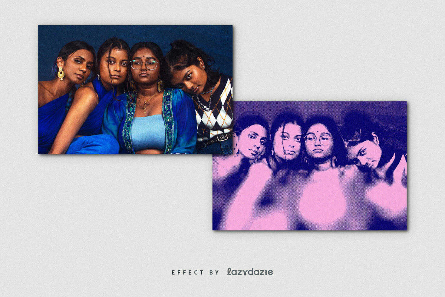 Group of four people in blue outfit next to their halftone pink version