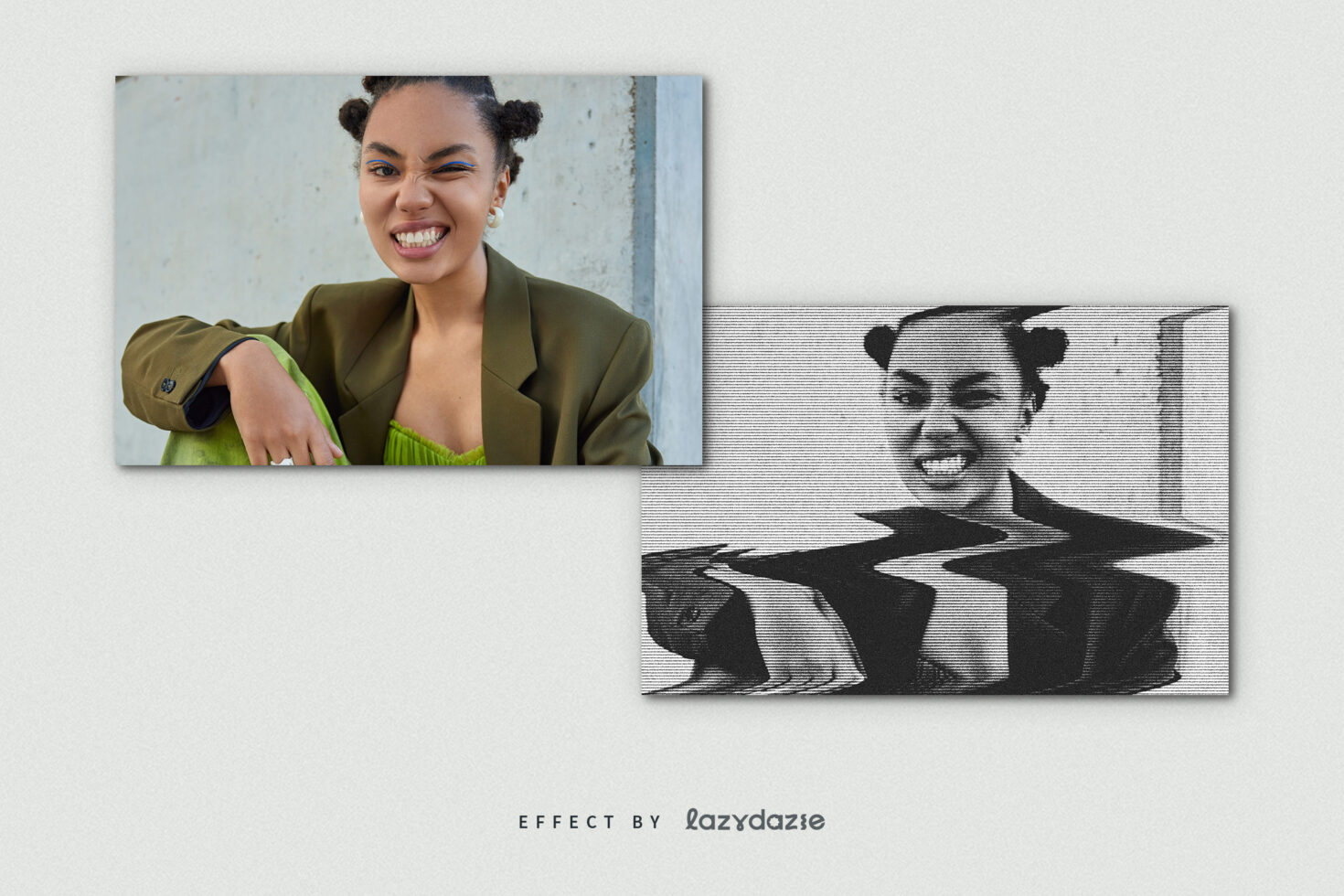 Color portrait beside black white scanline distorted version side by side