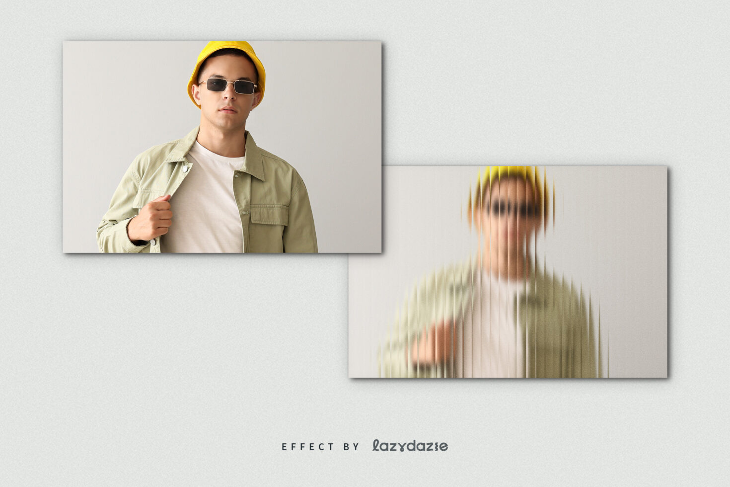 Guy in yellow cap, sunglasses, beige jacket shown sharp then vertically blurred