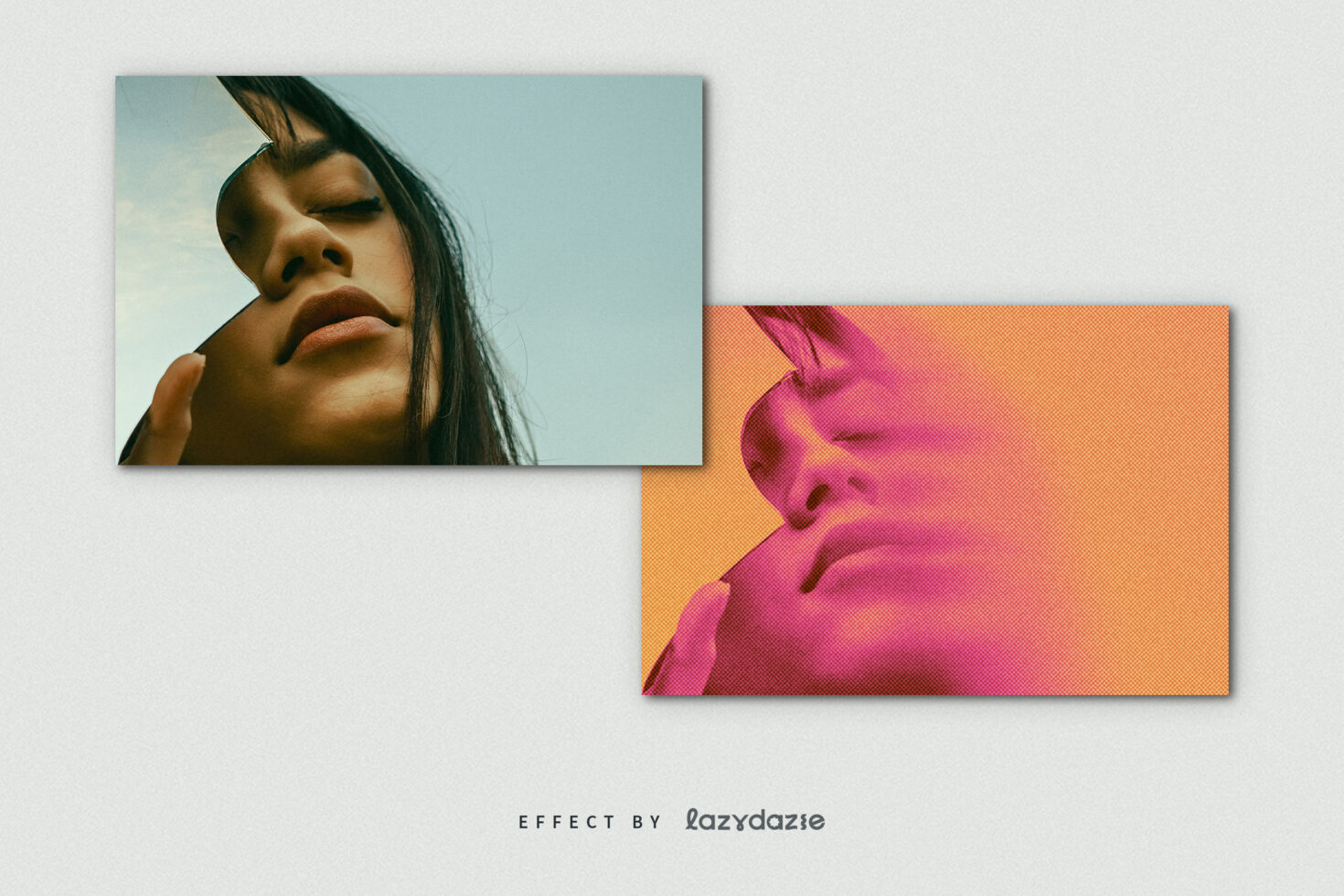 Split portrait with cyan sky background on left, hot pink pixelated effect on right