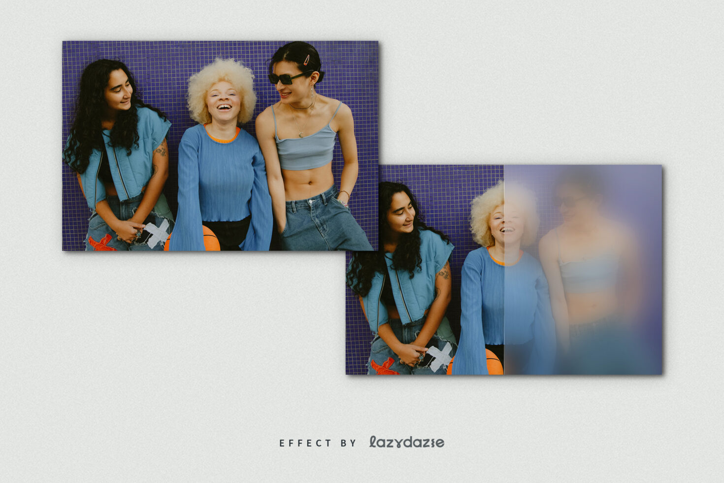Three women photos overlapping with blur gradient color shift