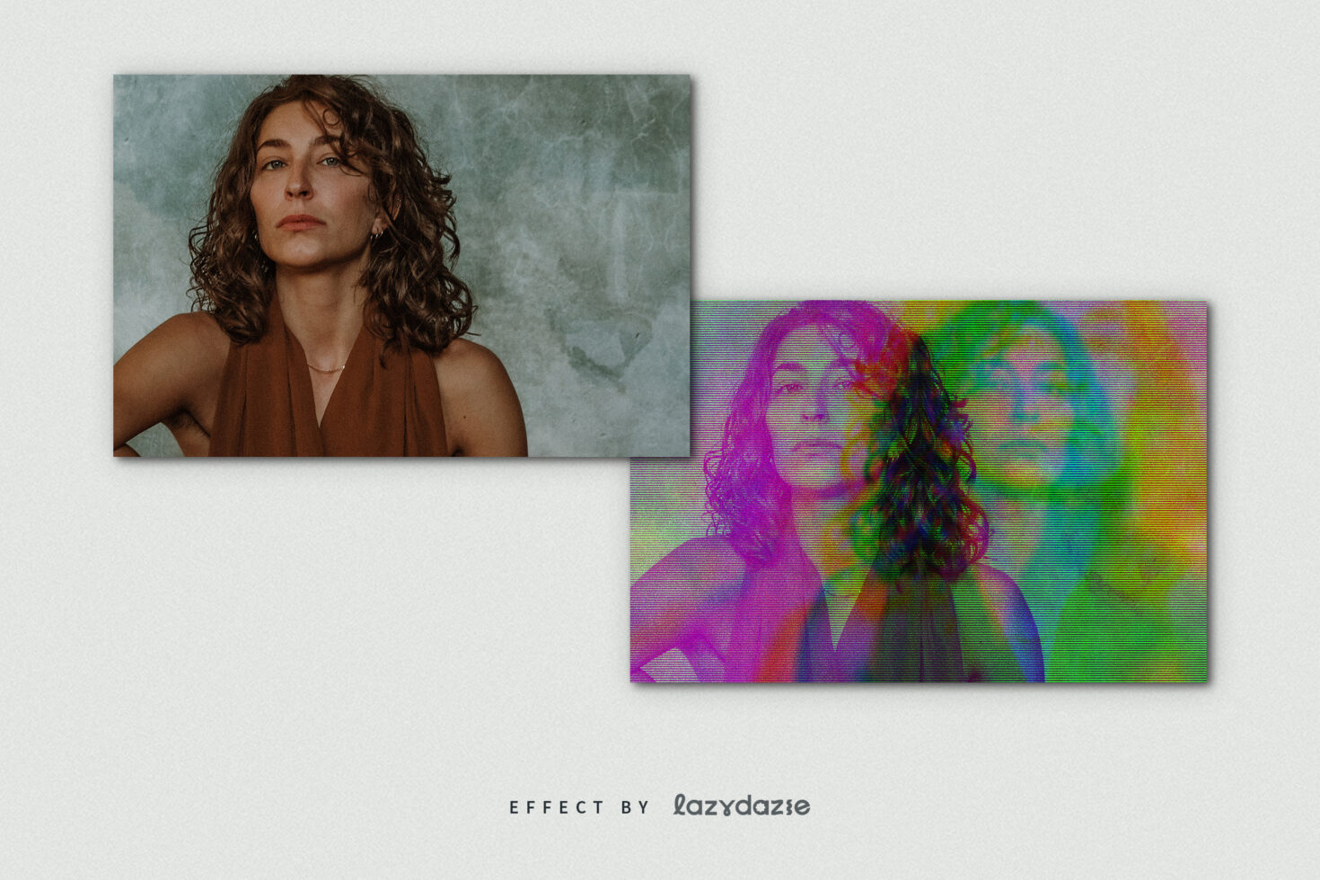 Woman with curly hair against textured background layered with RGB color glitch effect