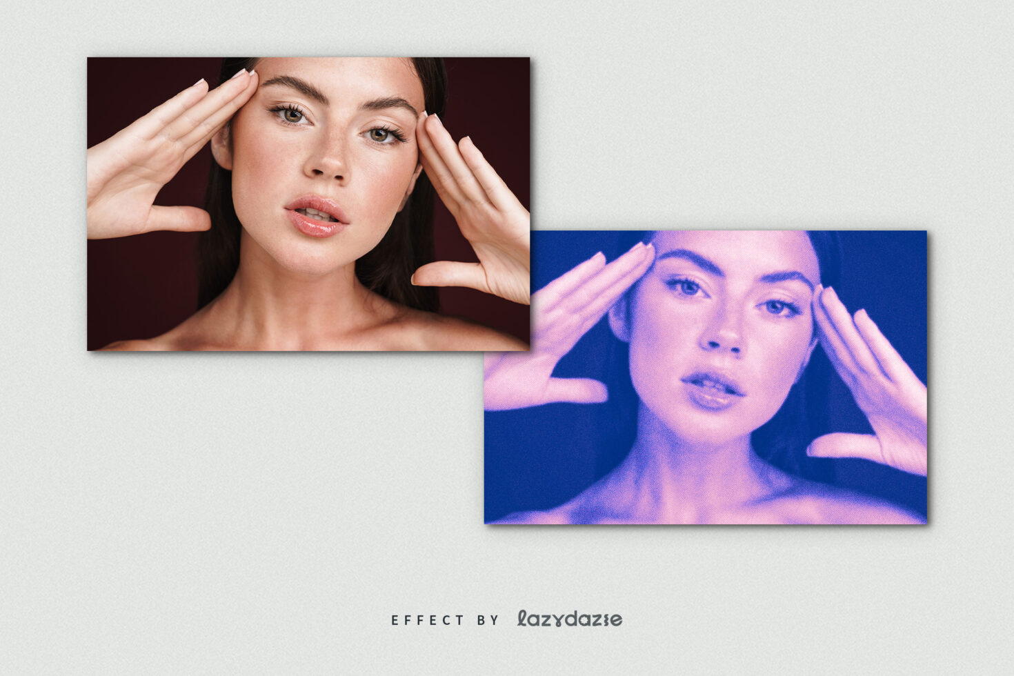 Woman touching face with neon pink blue lighting split screen beauty portrait