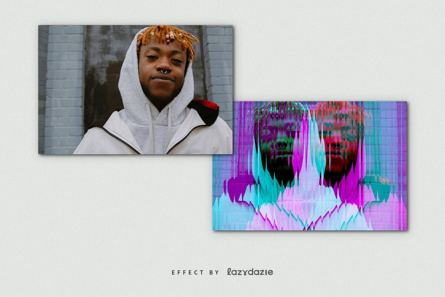 Man in hoodie beside glitch art effect with magenta cyan digital distortion