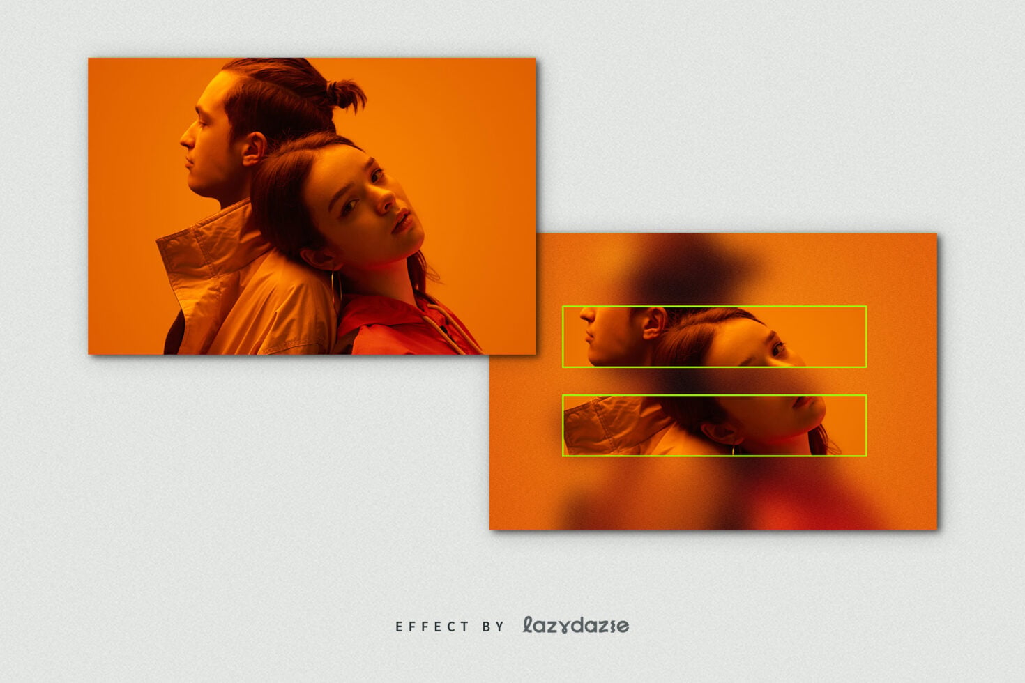 Two people on orange background with neon frame cutout mockup