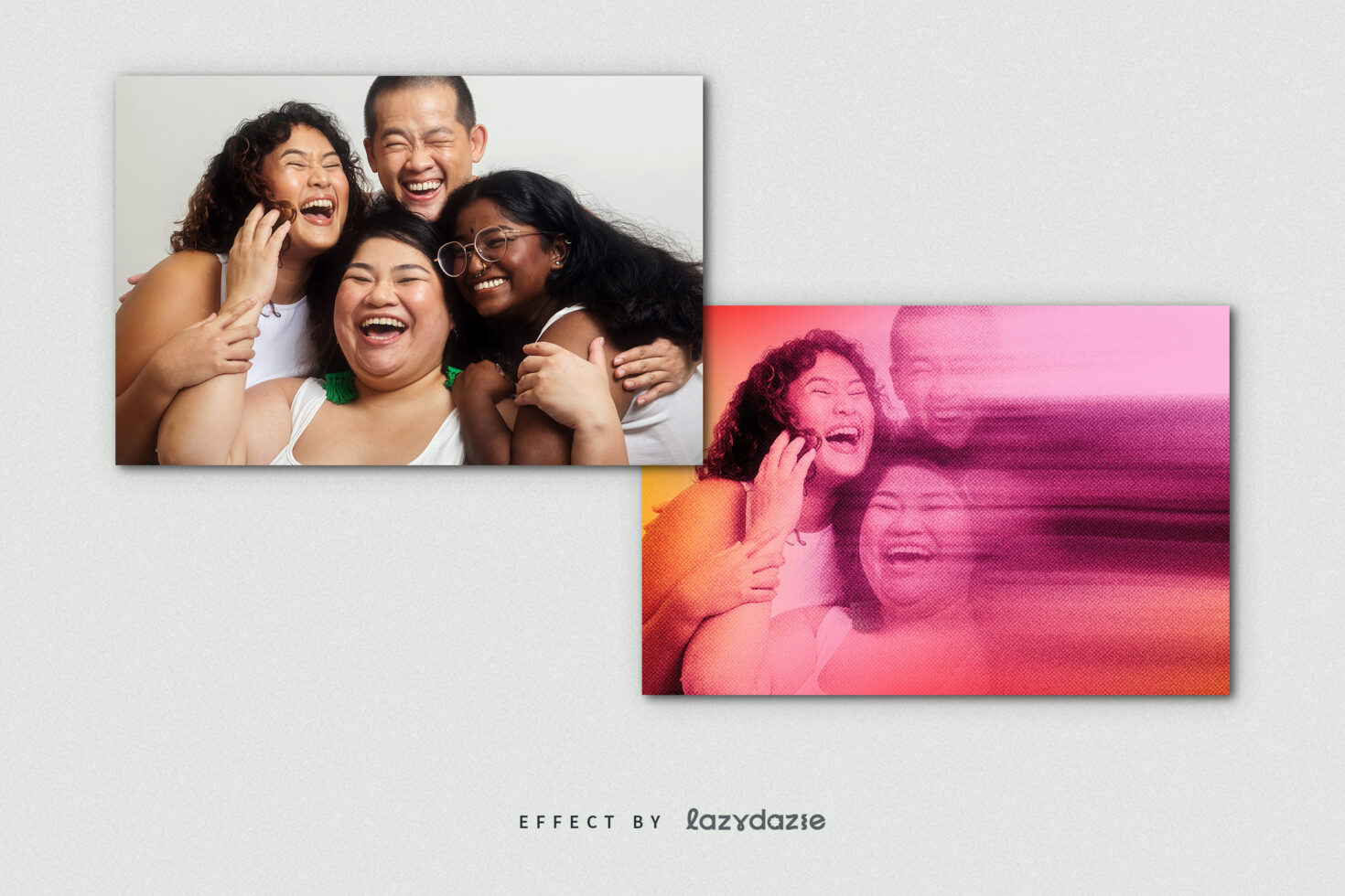 Group of four diverse people laughing together in two split layouts with halftone effect