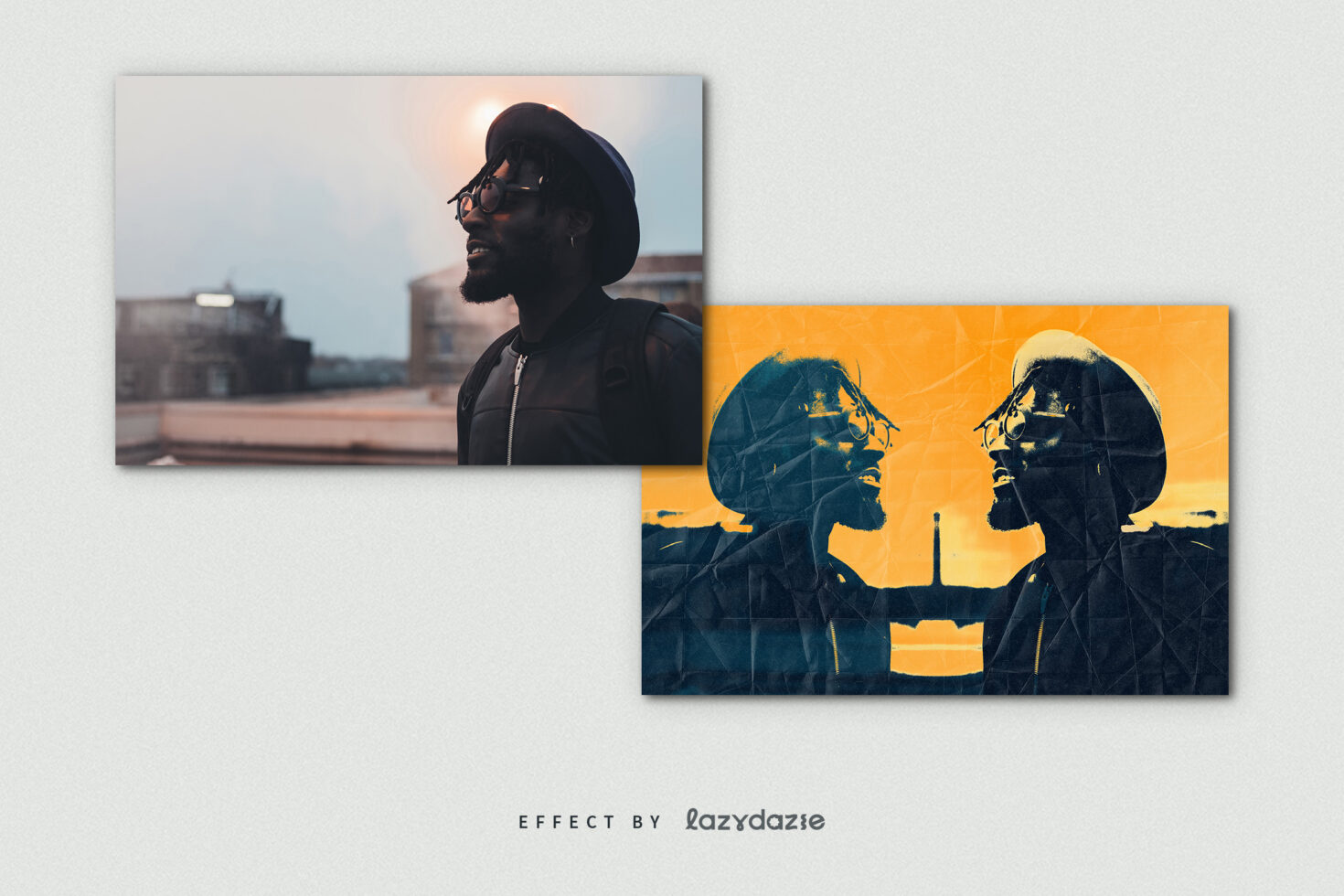 Man on rooftop in cool tones overlaid with orange duotone silhouette doubled frame