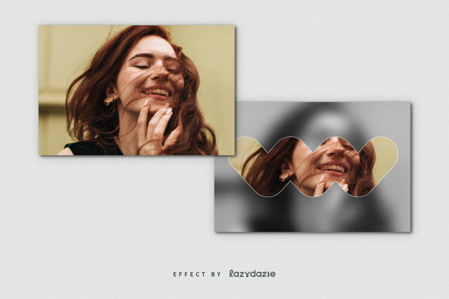 Smiling woman's face split between warm yellow background with wavy cutout overlay on gray