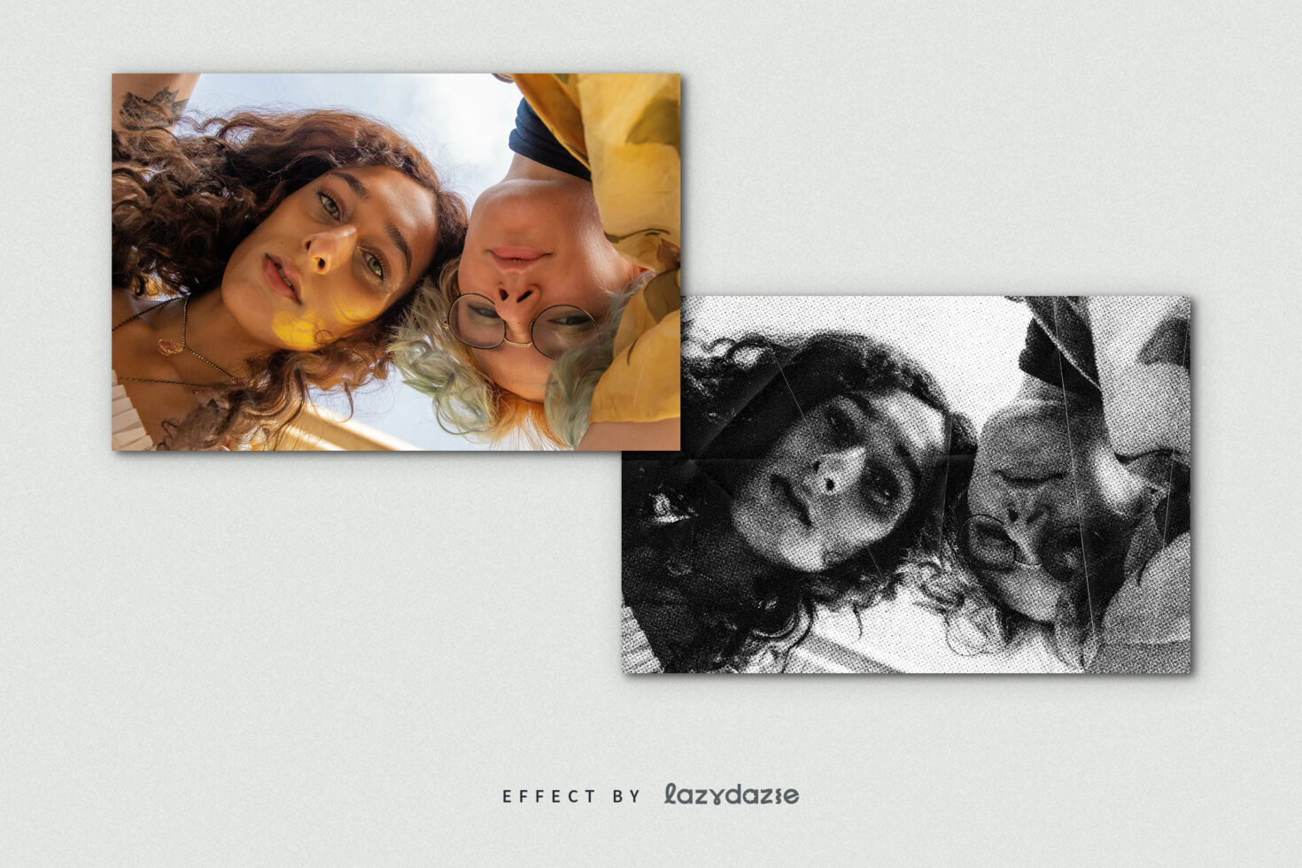 Two friends shot from below with grayscale halftone effect on one frame