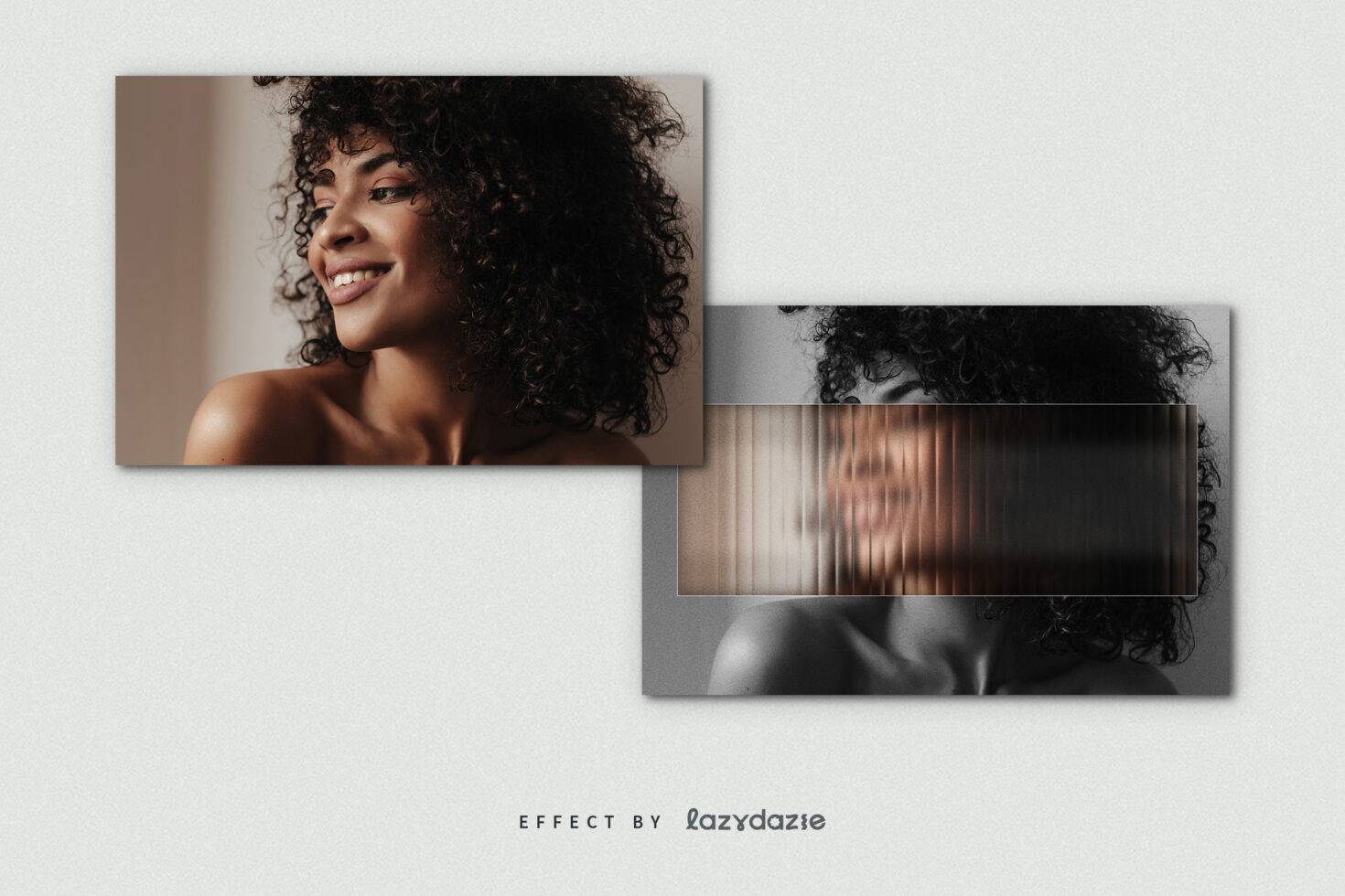 Two overlapping portrait photos with horizontal blur striping effect overlay