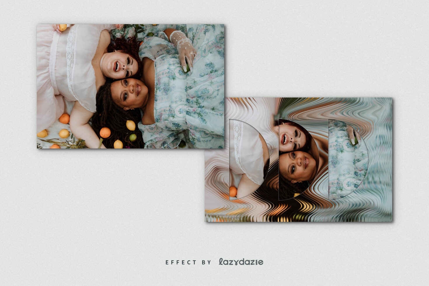 Two photos of people on bed with liquid swirl abstract wavy distortion effect