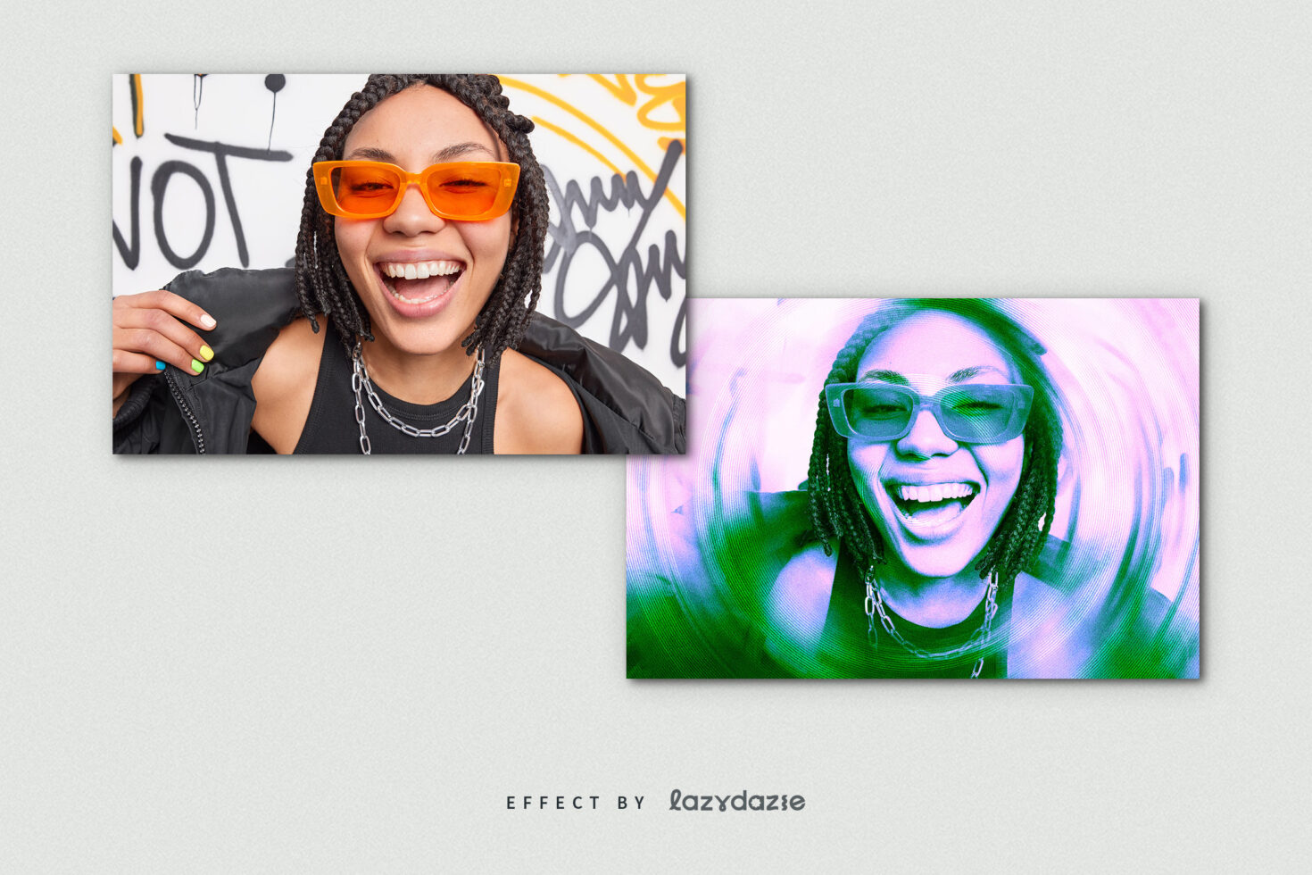 Before after shots showing person with neon glitch effect applied to photo