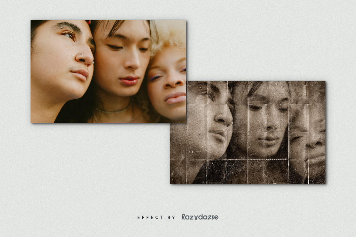 Color portrait split with pixelated grayscale grid effect showing multiple faces