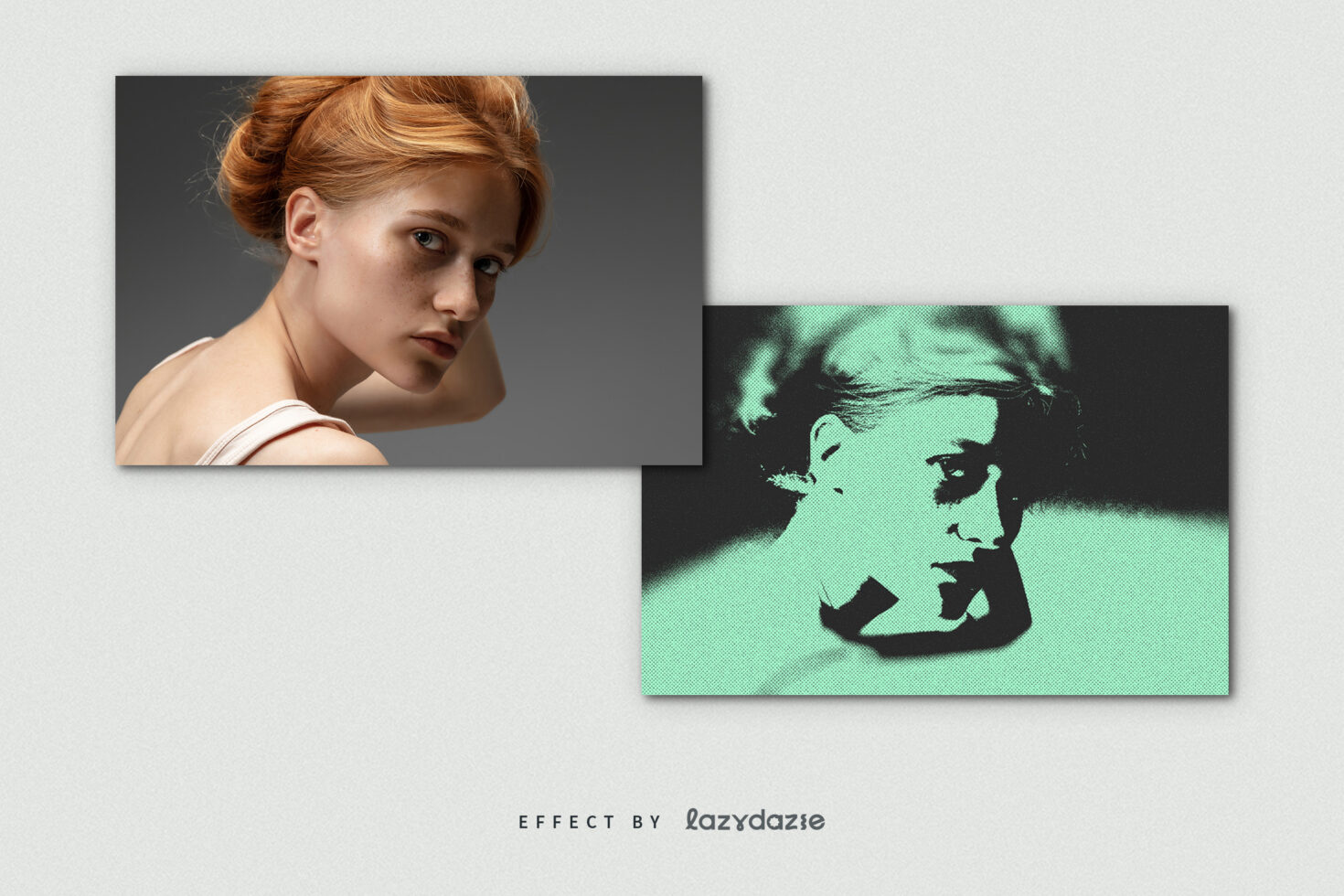 Portrait split with neon glitch effect, redhead on left in neutral tones, pixelated mint profile on right