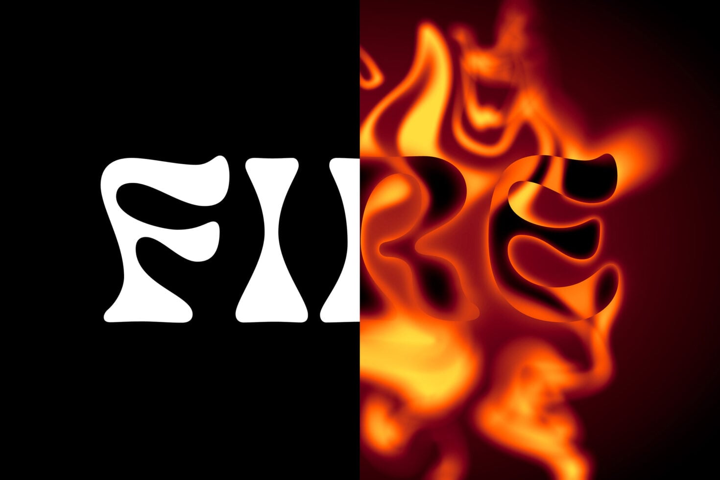 White letters split with intense orange fire flames burning on right side