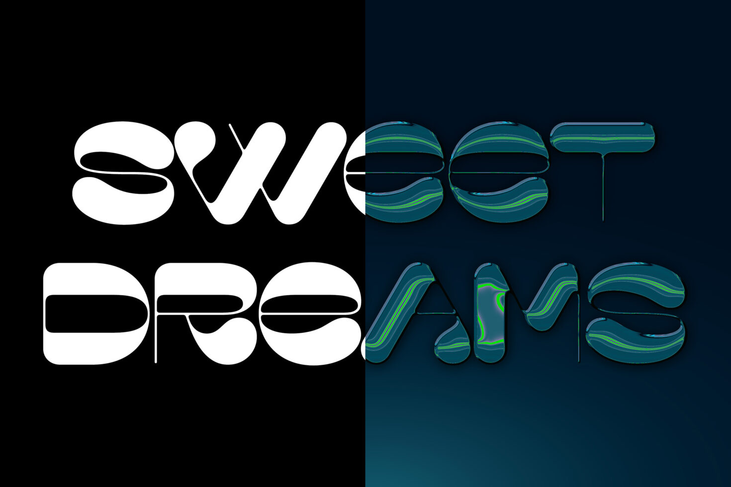 Split screen showing clean white letters morphing into glowing neon striped text