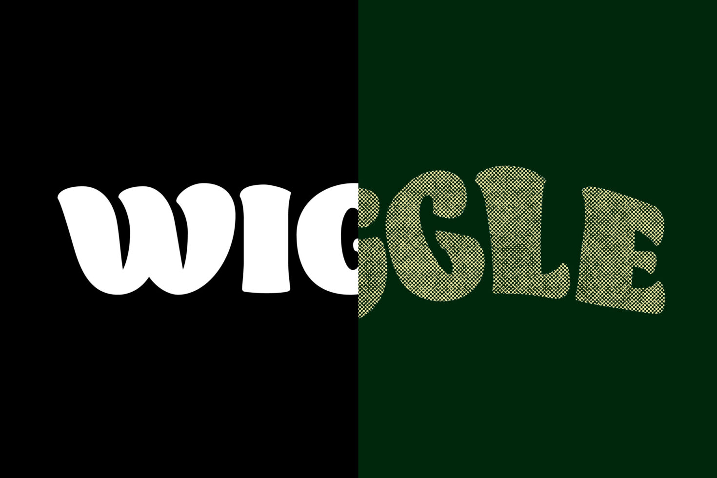 Split design with solid white letters beside checkered pattern text