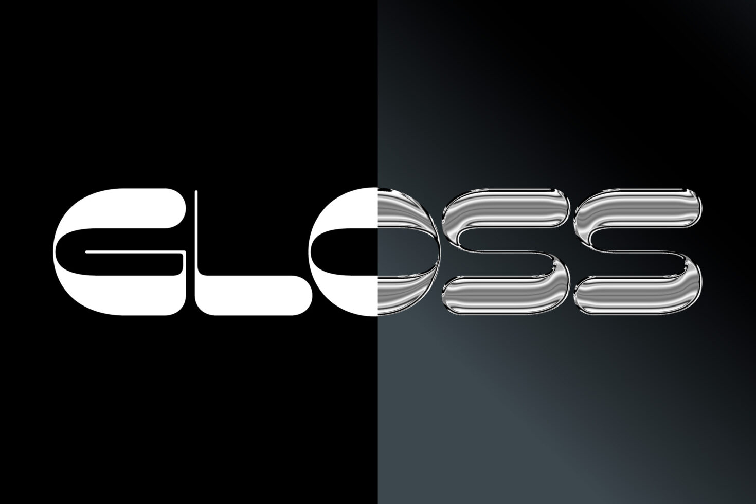 Split solid white letter on left, metallic striped on right dark background