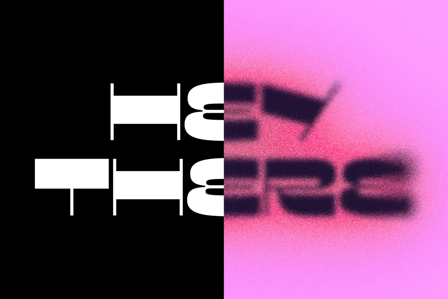 Split composition with sharp white furniture shapes on left, pixelated on pink right