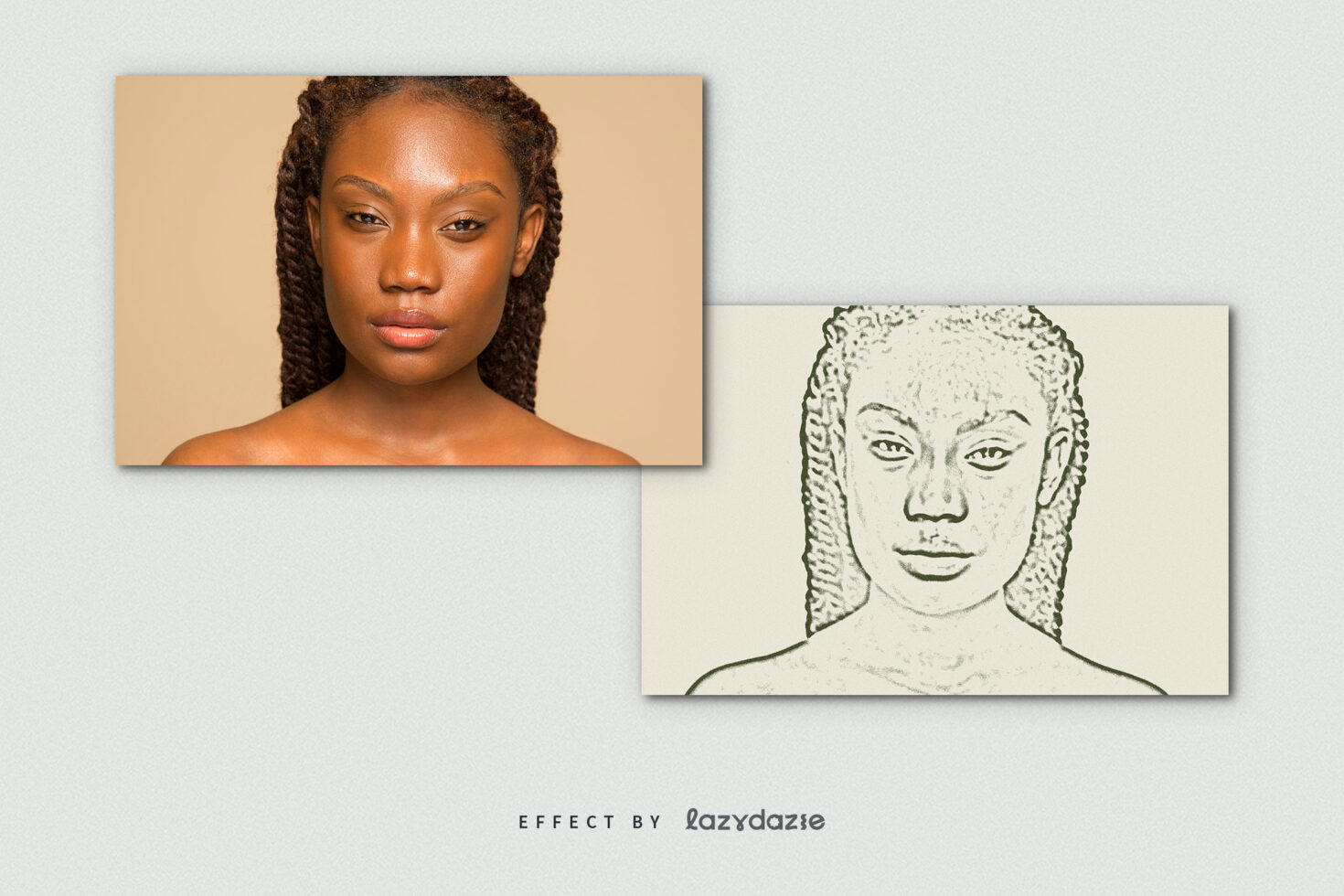 Woman's face split between photo on tan background with line art sketch
