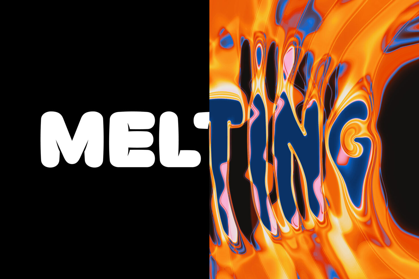 White sans serif MELTING text paired with vibrant liquid neon orange blue gradient swirls