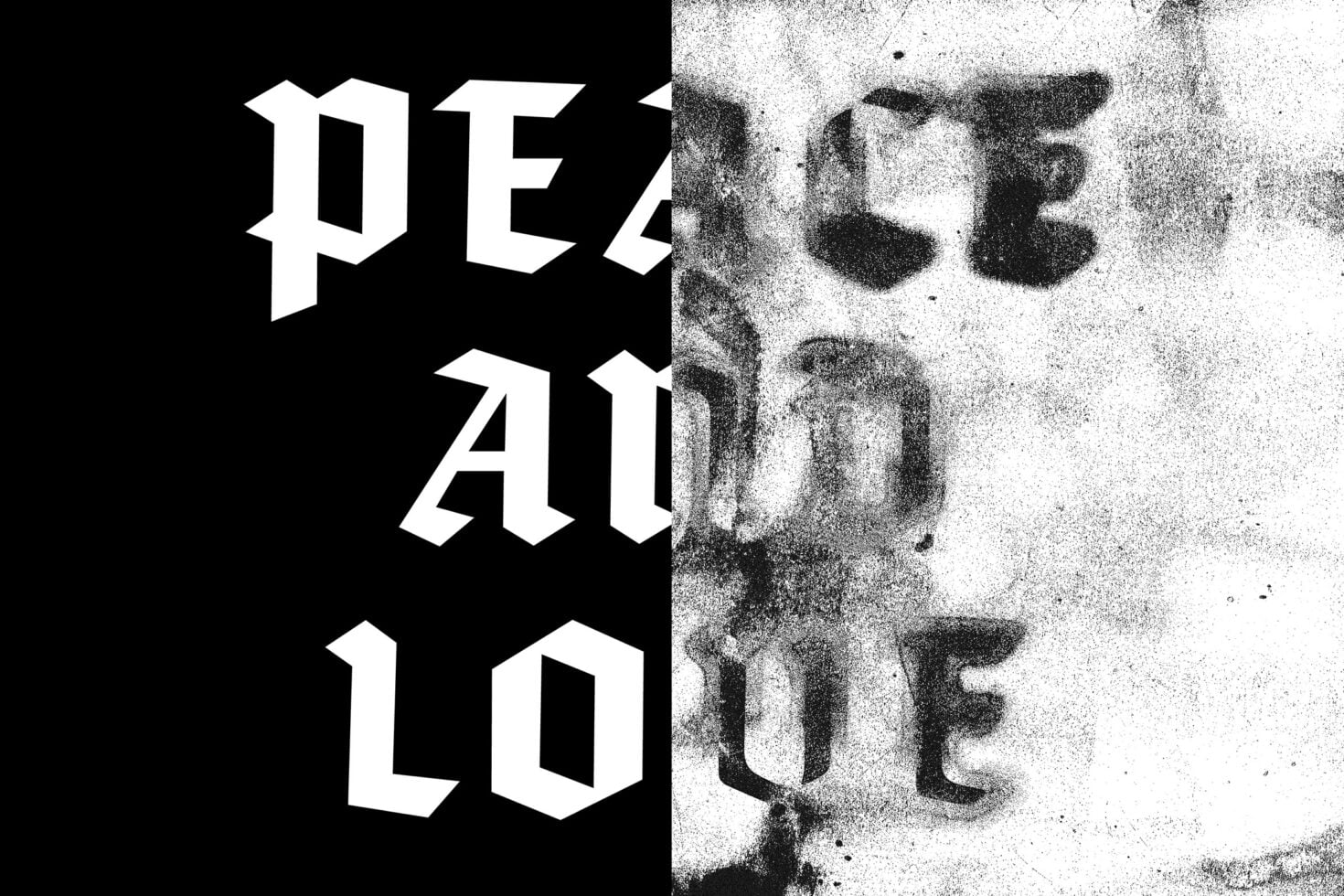 Bold white serif letters spelling PEACE ALL LOVE split across black, textured, grainy surface