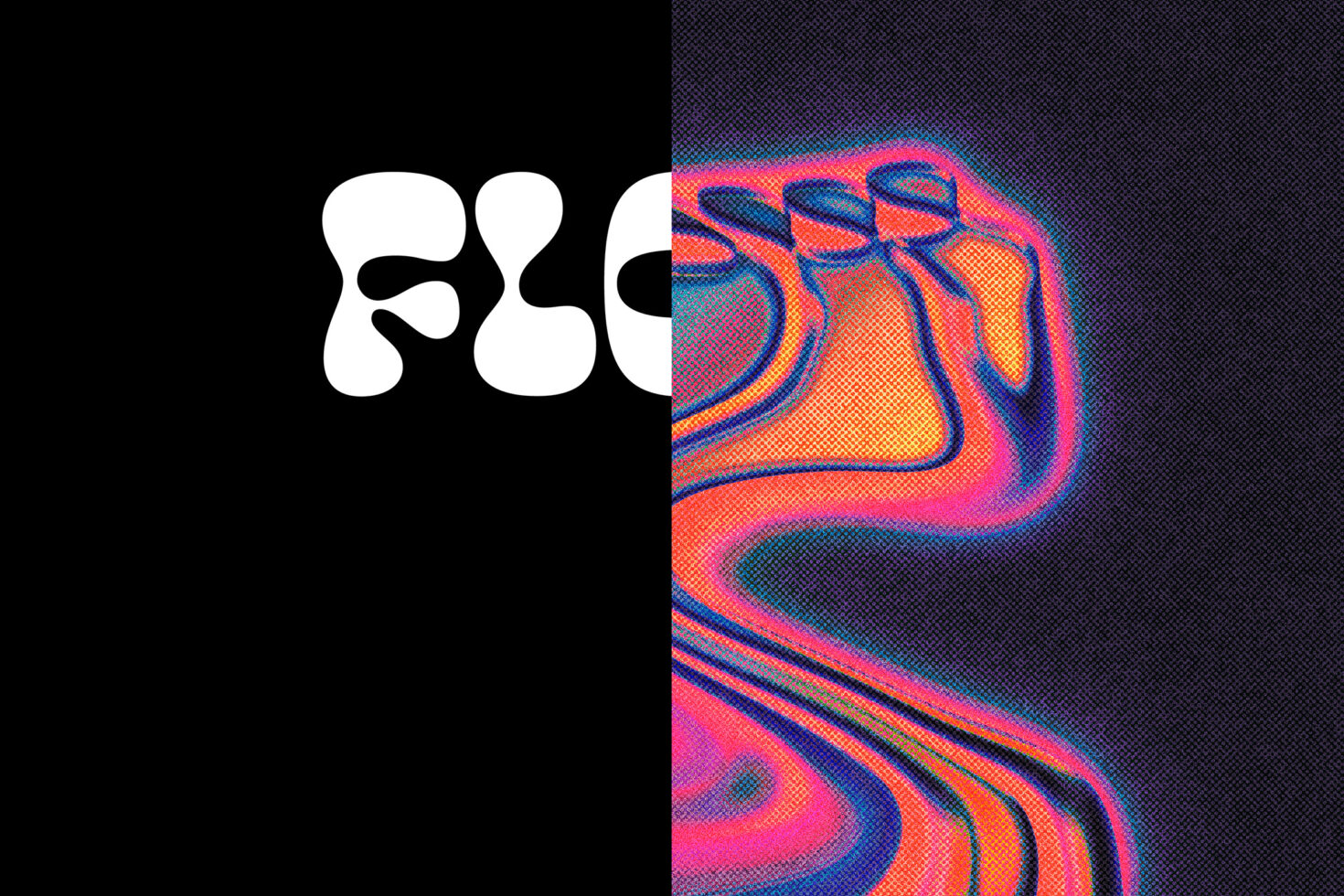 White rounded letterforms next to vibrant liquid gradient with mesh texture