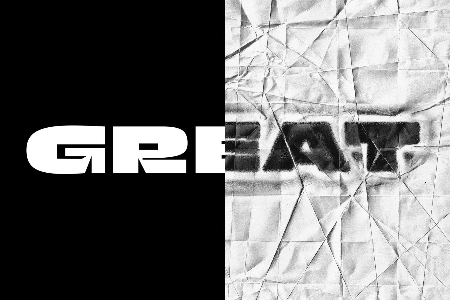 GRF white bold sans serif with crumpled plastic wrap texture overlay effect